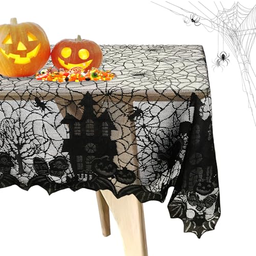 XIMEY Halloween Tischdecke, Tischdecke Spitze Schwarz, Halloween Tischdecke Spitze Deko, Schloss Horror Tischtuch, Tischdecke mit Spukhaus Schloss Dekoration Halloween Party-Dekoration 135 x 175 cm von XIMEY