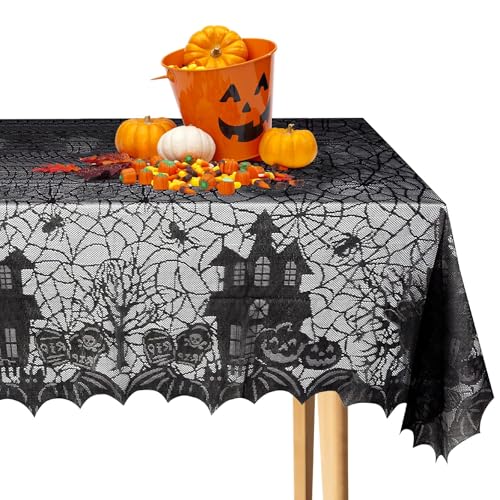 XIMEY Halloween Tischdecke, Tischdecke Spitze Schwarz, Halloween Tischdecke Spitze Deko, Schloss Horror Tischtuch, Tischdecke mit Spukhaus Schloss Dekoration Halloween Party-Dekoration 135 x 175 cm von XIMEY