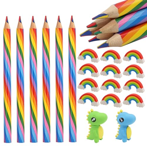 XIMKONTER 26 Stück Regenbogenstift 12 Stück Buntstifte Kinder +12 Kunststoff Radiergummi Regenbogen + 2 Stück Dinosaurier Radiergummi, 4-in-1 Farbstifte Regenbogenstift Weicher für Kreatives Zeichnen von XIMKONTER