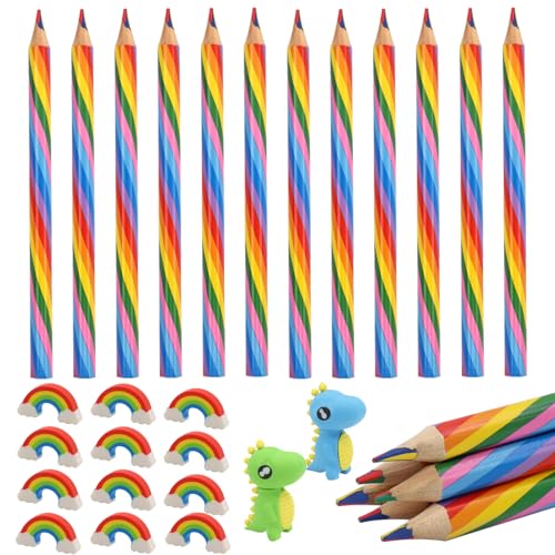 XIMKONTER 38 Stück Regenbogenstift 18 Stück Buntstifte Kinder +18 Kunststoff Radiergummi Regenbogen + 2 Stück Dinosaurier Radiergummi, 4-in-1 Farbstifte Regenbogenstift Weicher für Kreatives Zeichnen von XIMKONTER