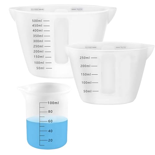 XIMUHO 3 Stück Silikon Messbecher Krüge, 500ml/250/100ml Epoxidharz Mischbecher mit Skala Clear, Silicone Measuring Cups für Epoxidharz Gießformen, DIY Handmade, Basteln, Labor, Küche von XIMUHO