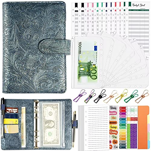 Binder Notizbuch A6, Ringbuch Budget Planner, 6 Löcher PU Leder Ringbuchordner Notizbuch mit Geldumschlägen, Budgetblättern und Etikettenaufklebern, für Reisen und Tagebuch (Vintage Blau) von XIMUHO