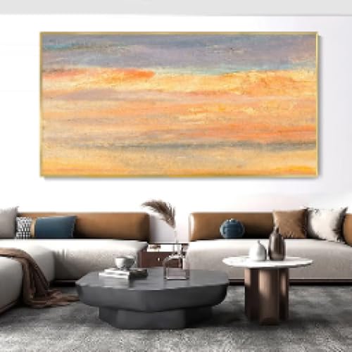 XINBAO Orange Ocean Strukturgemälde Abstrakte Landschaft Wanddekoration Personalisierte Poster und Drucke Blaues Kunstgemälde auf Leinwand 75x150cm Rahmenlos von XINBAO