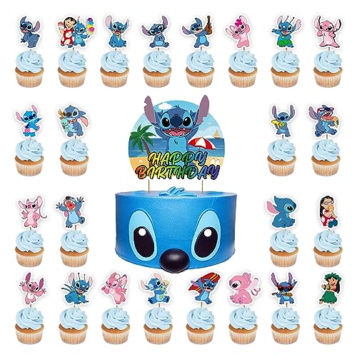 25pcs Stitch Cake Toppers XINBOHUI-Stitch Geburtstag Dekorationen Cartoon Kuchen Dekoration Happy Birthday Kuchen Topper für Stitch Thema Geburtstag Party für Kinder Geburtstag Babyparty Party von XINBOHUI