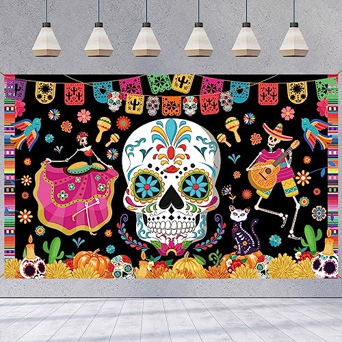 XINDY Extra Große Tag der Toten Hintergrund Banner Dia De Los Muertos Deko Halloween Banner Mexikanische Totenkopf Banner für Cinco De Mayo Tag der Toten Deko von XINDY