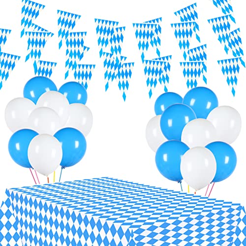 XINDY Oktoberfest Deko Set, Bayrische Deko Oktoberfest Dekoration Bayern Deko 10 Meter Oktoberfest Wimpelkette Girlande + Oktoberfest Tischdecke + Oktoberfest Luftballons Weiße und Blau von XINDY