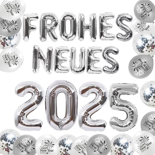 XINDY Silvester Deko 2025 Silber Neujahrsdeko Frohes Neues Ballons XXL 2025 Folienballon Banner Silvester Luftballons für Happy New Year 2025 Deko Silvester Party Neujahr Dekoration 2025 von XINDY