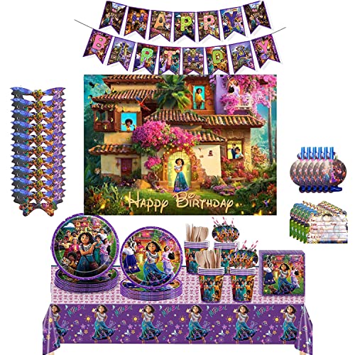 XINGGANG Encanto Partygeschirr Set, Encanto Geburtstag Dekoration Geschirr Set Abendessen Dessert Teller Servietten Tassen Tischdecke,Kindergeburtstag Mottoparty Tischdeko 113Stück von XINGGANG