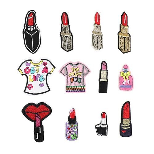 12 Stück niedliche Lippenstift-T-Shirt-Aufnäher zum Aufbügeln für Kleidung, 2,5–7,6 cm, bestickte Aufnäher für T-Shirts, Jacken, Jeans, Westen, Hüte, Rucksäcke von XINGNIAO