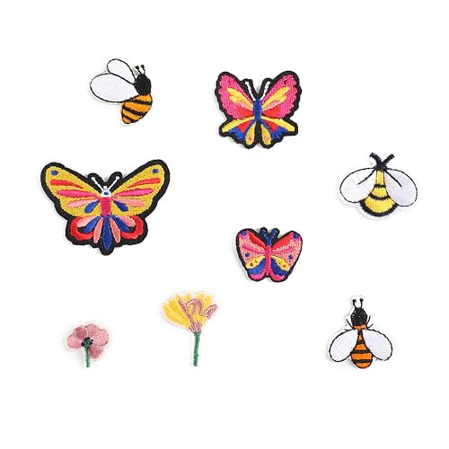 8 Stück bestickte Flicken, 2,5–5,1 cm, Bienen-Schmetterling, dekorative Anime-Reparaturflicken Applikation, geeignet zum Aufnähen / Aufbügeln auf Jacke, Jeans, Hut, Rucksack, Socken von XINGNIAO