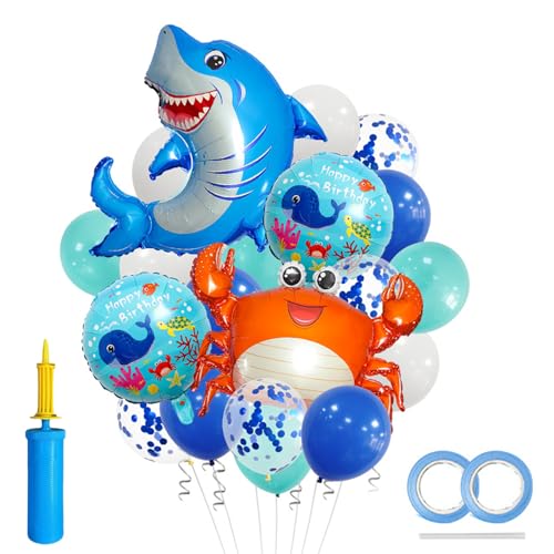 20 Stück Meerestiere Folienballon Set, 16pcs Latexballons, Krabbenballon, Haifisch-Ballon, abgerundete Folienballons, Helium-Riesenballon für Geburtstag und Mottoparty, Kostenlose Pumpe und Farbband von XINGYATU