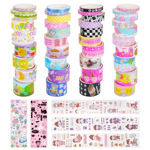 XINGYATU 40 Rollen Washi Tape Set und 3 Glitzernde Cartoon-Aufkleber, Farbenfrohes, Süßes, Dekoratives Abdeckpapier-Klebeband, Washi Klebeband Handwerk für Planen Geschenkverpackung DIY Arts Bastel von XINGYATU