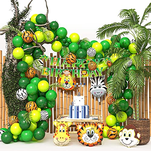 Dschungel Geburtstag Dekoration,Jungle Safari Party Luftballons Girlande Kit mit Palmblättern Tierballons Happy Birthday Banner,Kindergeburtstag Ballon Deko Babyparty Dekorationen Safari Party Deko von XINNIAN