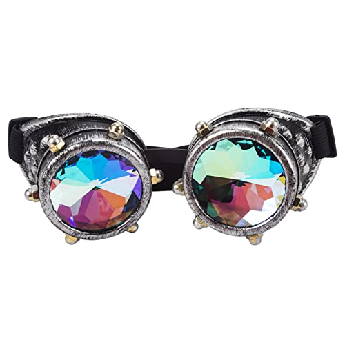 XINQIK Retro-Stil bunte Linse Punkbrille Kaleidoskop Regenbogen Kristalllinse Steampunk Brille Party-Kopfbedeckungen, Brillen und Accessoires(Ancient silver) von XINQIK