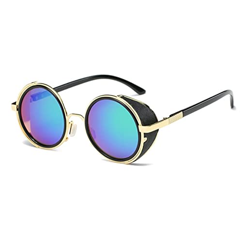 XINQIK Steampunk-Brille Damen Runde Brille Brille Herren Seitenschirm Runde Gläser Unisex Vintage Style Party-Kopfbedeckungen, Brillen und Accessoires(Gold-Green) von XINQIK