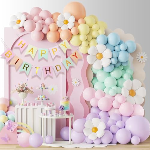 XINRANFF Geburtstagsdeko Mädchen, 106 Pcs Gänseblümchen Pastell Luftballon Girlande für Kindergeburtstag Deko, mit Gänseblümchen Folienballons, Geburtstag Banner, für Mädchen Geburtstag Party Deko von XINRANFF