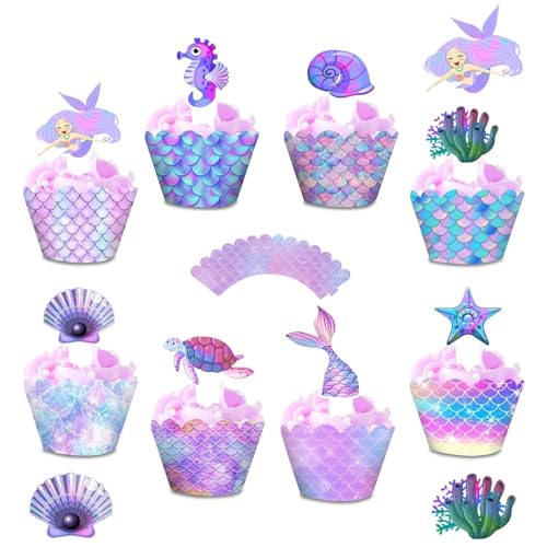 48 Stück Meerjungfrau Tortendeko Mermaid Cupcake Toppers Wrappers Kuchen Deko für Meerjungfrau Thema Party Dekoration Mädchen Party Geburtstag von XINTANGXIA