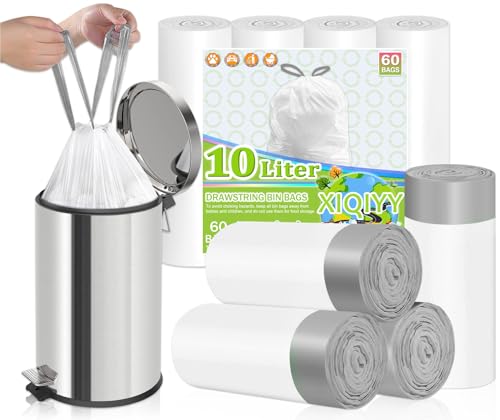 XIQIYY 10L-CS4550 Müllbeutel, 10 l, mit Kordelzug, weiß, 60 Stück, kleine Müllbeutel für Toilette, Badezimmer, Schlafzimmer, Küche, Büros, Büroschreibtische von XIQIYY