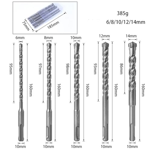 5-teiliges Sds-max-Hammerbohrer-Set aus Hartmetall, 6–8–10–12–14 mm, Doppelnut, Kreuzkopf, runder Schaft for Mauerwerk, Beton von XIUEQVS