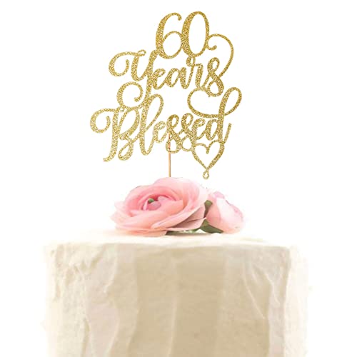 60 Years Blessed Cake Topper, Happy 60th Birthday Cake Topper, 60th Wedding Anniversary Party Decorations Gold Glitter von XIUHUBA