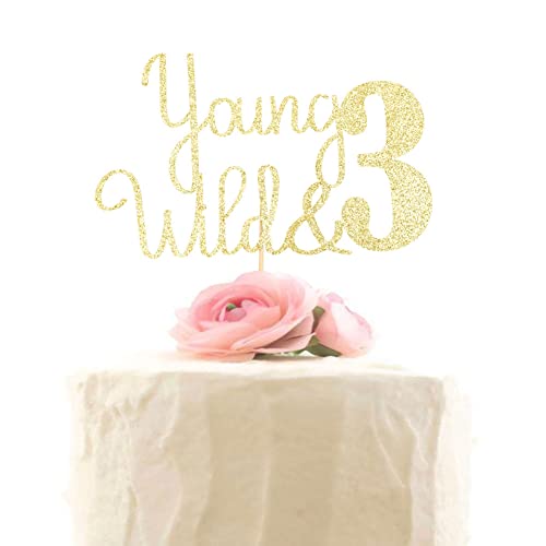 Young Wild and Three Cake Topper, Forest Woodland Lagerfeuer Themenparty Kuchen Dekor, Gold Glitzer 3. Geburtstag Kuchen Dekorationen Zubehör von XIUHUBA