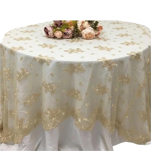 XIUsheUA Spitzendeckchen Gold bestickte runde Spitze Tischdecke Tischauflage for Heimdekoration Hochzeiten Party Textilien 90'' rund(Champagne) von XIUsheUA