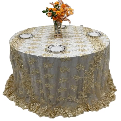 XIUsheUA Spitzendeckchen Gold bestickte runde Spitze Tischdecke Tischauflage for Heimdekoration Hochzeiten Party Textilien 90'' rund(Gold) von XIUsheUA