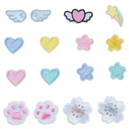 XIWJLWO Aufbügel Patches Set 17 Stück, Blumen Sterne Jeans Bügelbilder, Flicken Aufnäher zum Aufbügeln für Kinder, Applikationen für Kleidung, Patch Sticker für Jacken von XIWJLWO