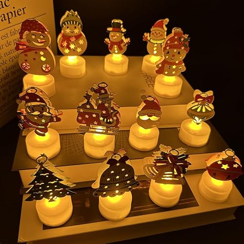 XIXIMENG 12-teiliges Weihnachts-LED-Teelichtkerzen-Set, 3D-Weihnachtskerzen, flammenlos, batteriebetrieben, warmweiß, flackernd von XIXIMENG