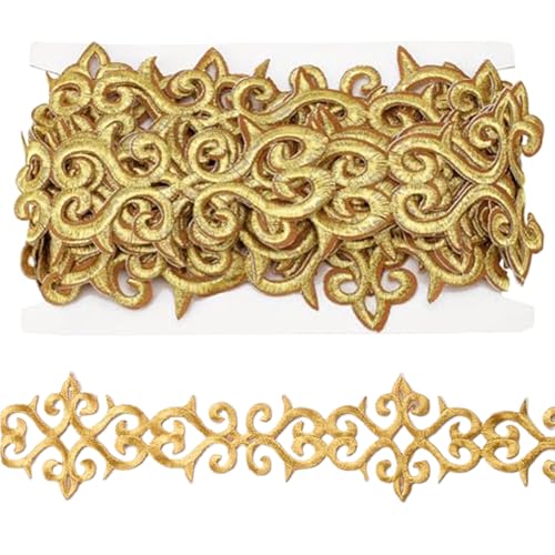 Gold Stickerei Polyester Bänder, Goldverkleidung zum Nähen, 4,3 -Yard -Blume Weitgold Spitzenverkleidung mit Klebstoffrücken, DIY Gold Stoffverkleidung für Kleider Kleidungszubehör Home Decor Decor von XJKLBYQ