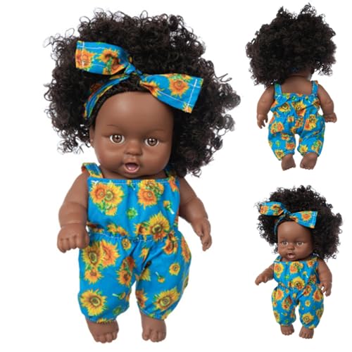 Puppen schwarz, schwarze Babypuppen, amerikanische afrikanische realistische Babypuppe mit Kleidung und Haarband, bewegliche Gelenk lockige Haare Waschbare dunkle Haut Babypuppe für Kindergeschenke, von XJKLBYQ