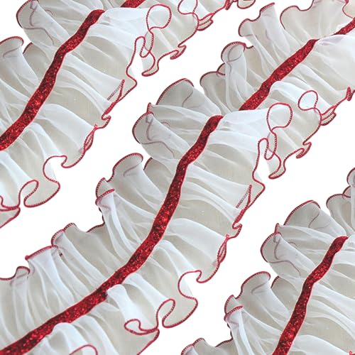 Satin Organza Lace Edge Trimm | Spitzenband Falten-Spitze-Spitzenverkleidung weiß und rot 4 Zoll breites Spitzenschneide zum Nähen weicher hautfreundlicher Organza-Spitze für Hochzeitskleid, Unterwäs von XJKLBYQ