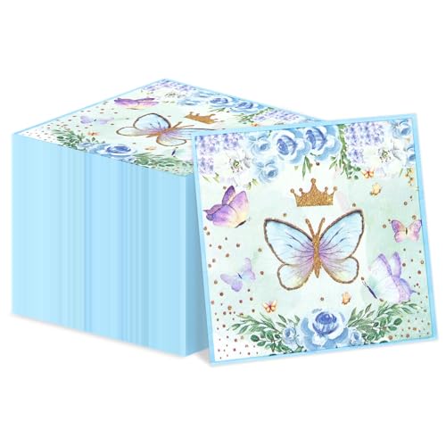 100 Stück Schmetterlingsservietten, 33 x 33 cm, blaue Papierservietten, Frühlingsblumen, Party-Servietten, dekorative Papierservietten für Hochzeit, Blumen, Frühling, Schmetterling, von XJLANTTE