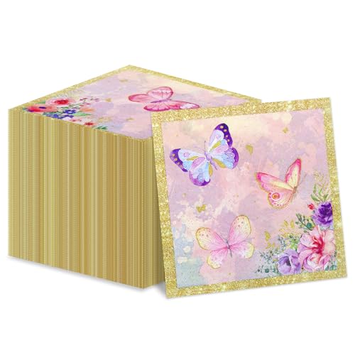 100 Stück Schmetterlingsservietten, 33 x 33 cm, rosa Blumen-Papierservietten, Frühlingsblumen, Party-Servietten, dekorative Papierservietten für Hochzeit, Blumen, Frühling, Schmetterling, von XJLANTTE