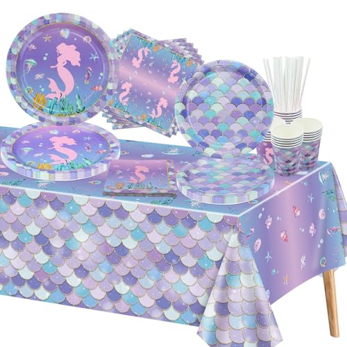 101Pcs Meerjungfrau Geburtstag Dekorationen - Incliding Meerjungfrau Party Teller und Servietten, Meerjungfrau Schuppen Tassen, Tischdecke für Mädchen Kinder Baby Dusche Party Supplies, servieren 20 von XJLANTTE