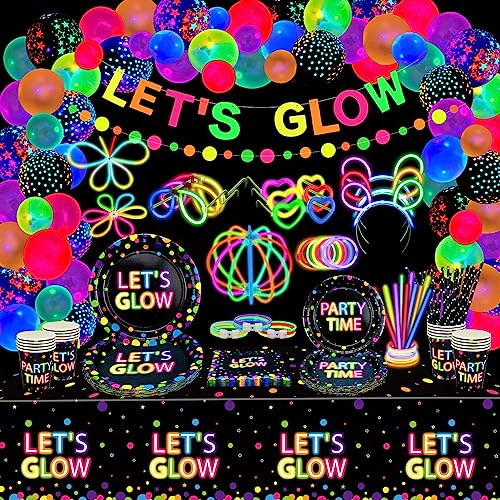 398 Pcs Glühen in der dunklen Partei Supplies. Einschließen Glühen in den dunklen Ballons, Banner, Glühstäbe, Geschirr und Tischdecken für Glow Party Supplies Schwarzlicht Neon Party Dekorationen von XJLANTTE