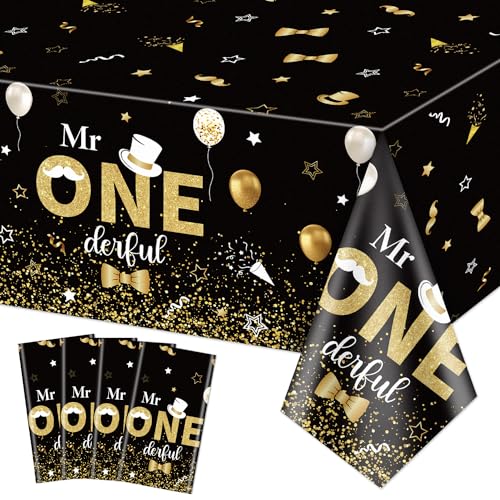 4 Stück Mr Onederful 1. Geburtstag Tischdecken - Rechteckige Schwarz Gold Tabelle deckt 1. Geburtstag Dekorationen für Jungen Kinder Baby ersten Geburtstag Dusche Party Supplies, 130x220cm von XJLANTTE