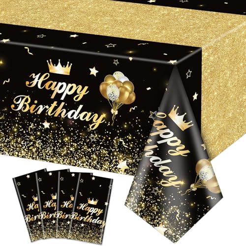 4 Stück Schwarz und Gold Party Tischdecken - Gold schwarz Geburtstag Dekorationen Tischdecke rechteckigen Tisch deckt Geburtstag Tischdekorationen für Junge Mädchen, 130 x 220 cm von XJLANTTE