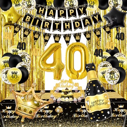 40.Schwarz und Gold Party Dekorationen - Happy Birthday Banner, Wimpel, Geburtstagsballons, Fransenvorhänge, Tischdecke, Cake Topper, hängende Wirbel 40. Geburtstag Dekorationen für Mann Frau von XJLANTTE