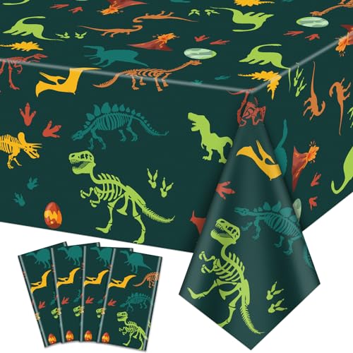 4Pcs Dinosaurier Tischdecken - 130 x 220cm Dinosaurier Fossil Thema Tischdecke, rechteckige Dinosaurier Tischdekorationen für Kinder Junge Baby Dusche Dinosaurier Geburtstag Party-Zubehör von XJLANTTE