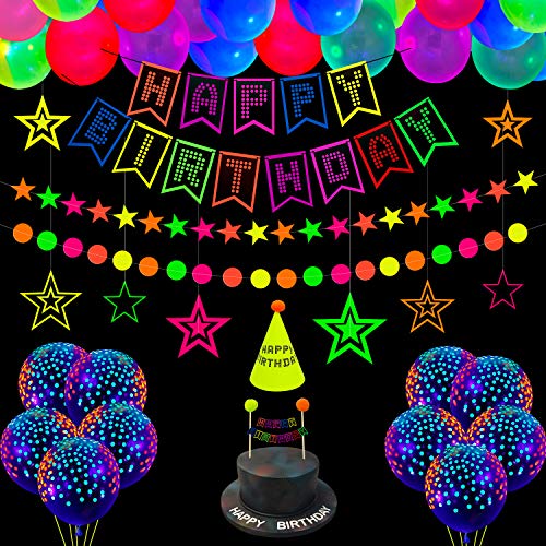 XJLANTTE 53 Stück Glow Neon Birthday Party Supplies - Neon Luftballons, Glow in the Dark Alles Gute zum Geburtstag Banner mit UV Schwarzlicht Reactive Cake Topper, Hüte von XJLANTTE