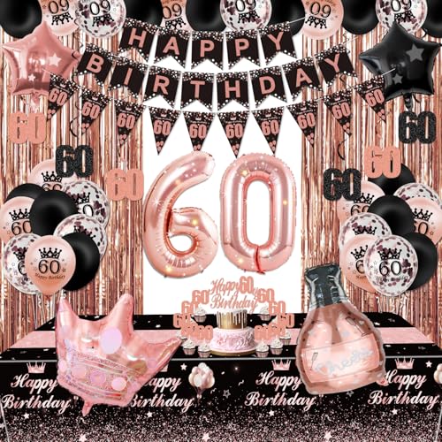 60.Schwarz und Rose Gold Party Dekorationen - Banner, Wimpel, Geburtstag Ballons, Fransen Vorhänge, Tischdecke, Kuchen Topper, hängende Wirbel 60. Geburtstag Dekorationen für Mädchen Prinzessin von XJLANTTE