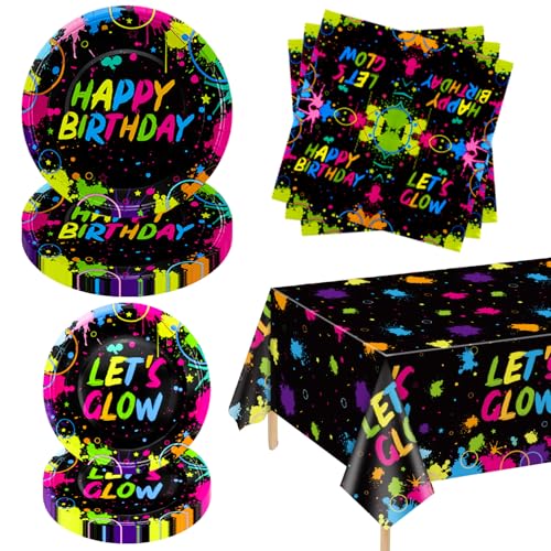 61 Stück Glow Neon Party Supplies - Glow in the Dark Geburtstagsteller Fluoreszenz Servietten Neon Tischdecke für Schwarzlicht Neon Party Dekorationen Servieren 20 Gäste von XJLANTTE