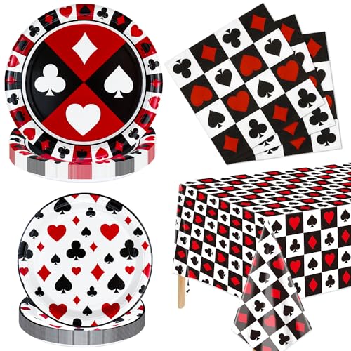 61Pcs Casino Party Dekorationen - Poker Party Geschirr Set enthält Poker Themed Teller, Servietten, Tischdecke für Las Vegas Casino Themed Party Supplies, serviert 20 Gäste von XJLANTTE