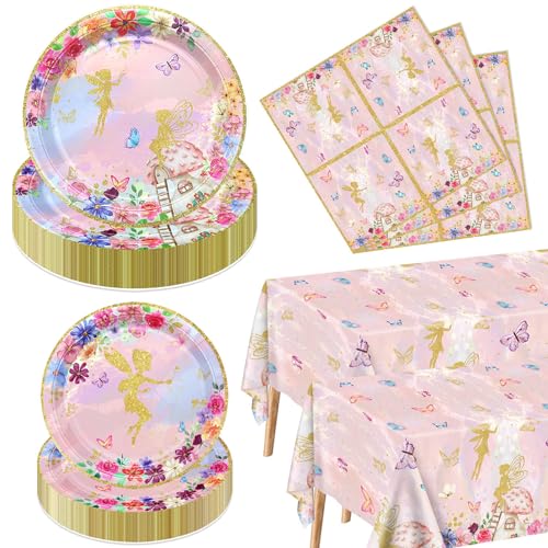 XJLANTTE Fairy Party Dekorationen - Floral Fairy Pappteller Rosa Schmetterling Servietten Floral Tischdecken für Prinzessin Blumenfee Party Supplies, Serve 40 von XJLANTTE