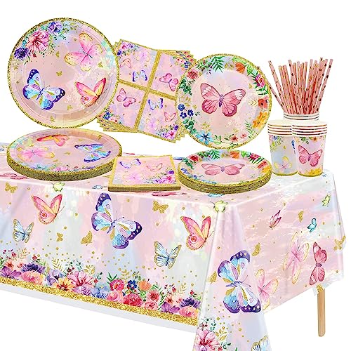 XJLANTTE 106 PCS Schmetterling Geburtstag Party Supplies - Schmetterling Teller, Servietten, Tassen und Tischdecke für Mädchen Baby-Dusche, Fairy Themed Party Dekorationen, serviert 20 Gäste von XJLANTTE