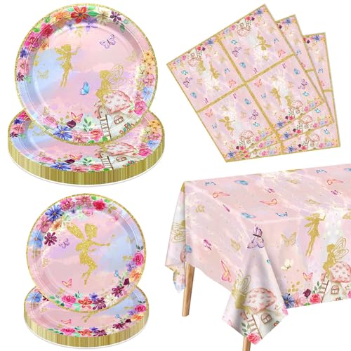 XJLANTTE Fairy Party Dekorationen - Floral Fairy Pappteller Rosa Schmetterling Servietten Floral Tischdecken für Prinzessin Blumenfee Party Supplies, Serve 20 von XJLANTTE