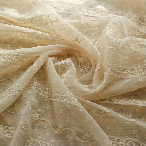 XJSDI Chiffon-Stoff, halbtransparent, mit Blumen und Blättern Bestickt, 150 cm breit, 100 cm lang, beige, Meterware, Chiffon-Stoff zum Herstellen von Kleidern, Schals und Basteln von XJSDI