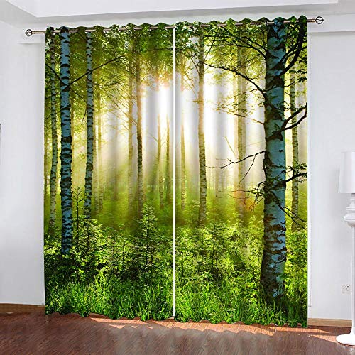 XKSJWY Gardinen Schlafzimmer Wohnzimmer Verdunkelungsvorhang 3D Sonniger Grüner Wald Muster Blickdicht Vorhänge Kinderzimmer Thermovorhang Mit Ösen 240X230Cm 2Er Set Fensterdekoration von XKSJWY