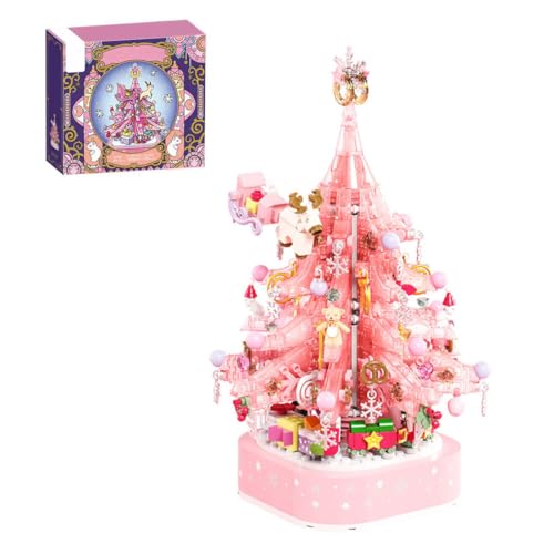 XKlemBauklode Kristall Weihnachtsbaum Spieluhr Baukasten mit Licht, 675 Teile MOC DIY Montage Rosa Spieldose Steine Set, Musikbox Dekoration für 2024 Weihnachten von XKlemBauklode